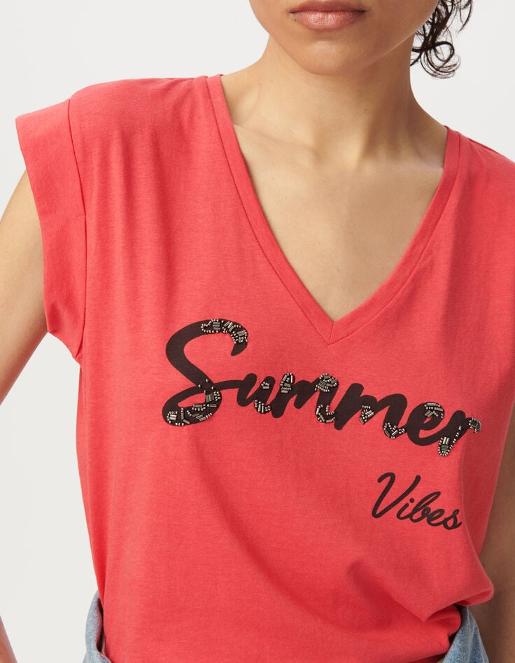 Tee-shirt encolure V rouge message-4 Tee-shirt encolure V rouge message-4
