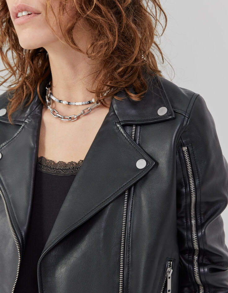 Veste en cuir noir esprit motard multi zips Femme-4