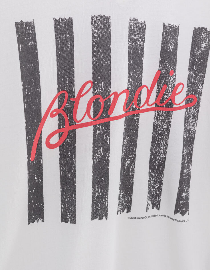 Camiseta blanca de mujer de algod&oacute;n org&aacute;nico con mensaje y rayas BLONDIE-7