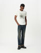 Men’s white T-shirt with skull image and flocked slogan-1