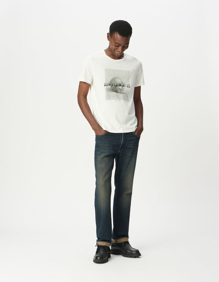 Men’s white T-shirt with skull image and flocked slogan-1