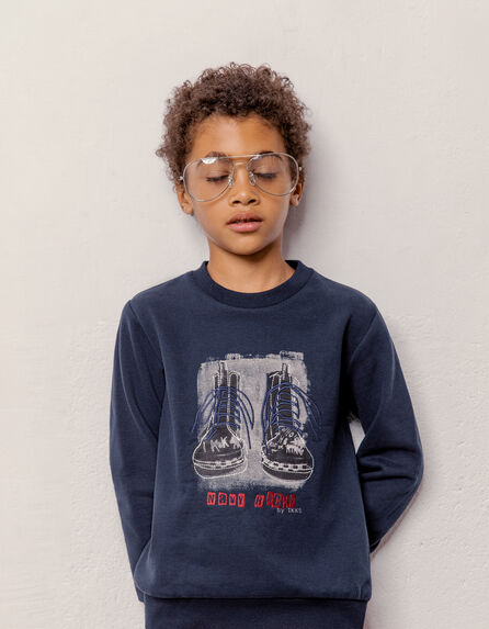 Boys’ navy sweatshirt, boots with embroidered laces