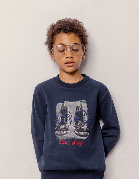 Boys’ navy sweatshirt, boots with embroidered laces