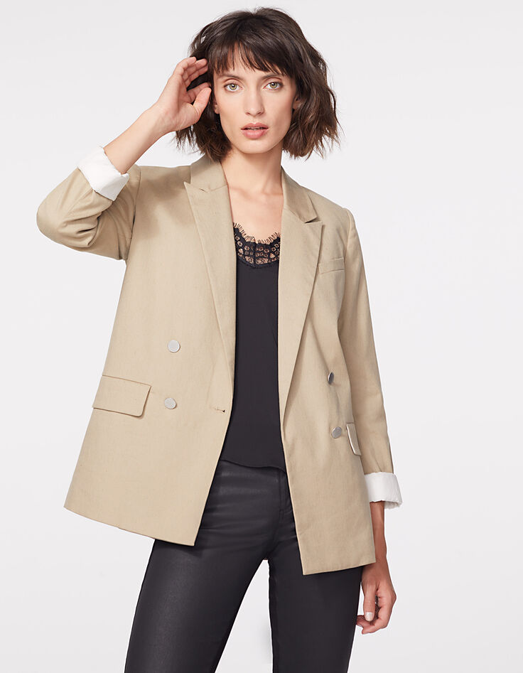 Women’s double-breasted cotton linen suit jacket-2