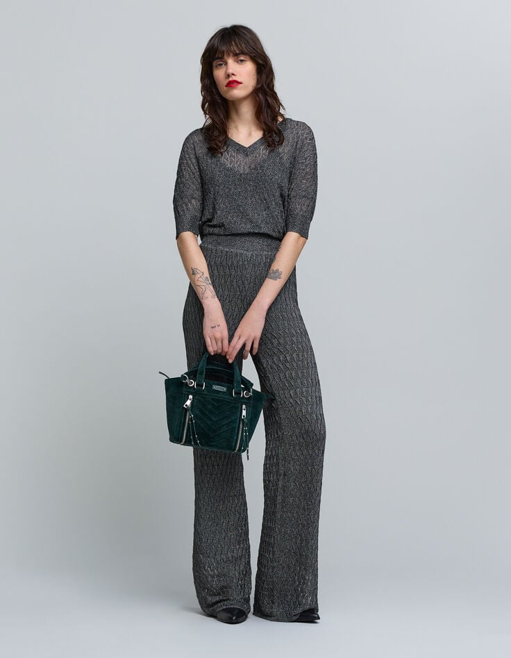 Pull gris maille fine graphique ajourée Femme-1 Pull gris maille fine graphique ajourée Femme-1