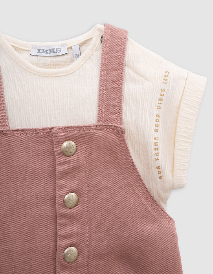 Ensemble robe-salopette rose et T-shirt écru bébé fille-4