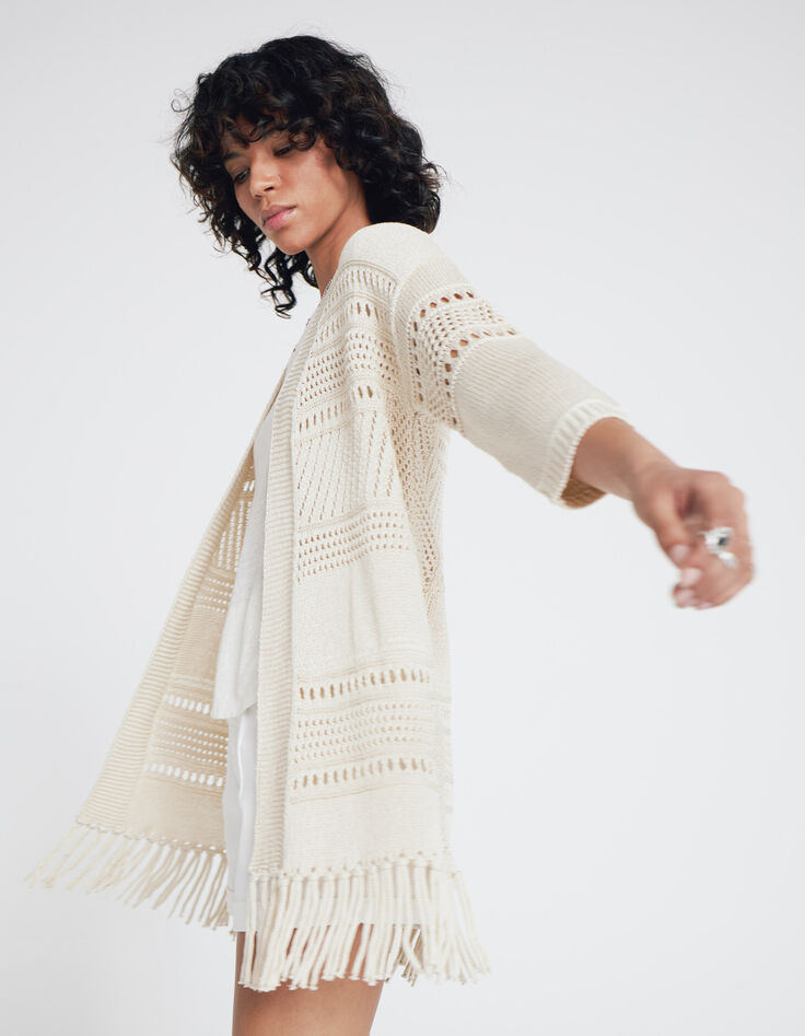 Ecrufarbene Damen-Strickjacke mit Punkten und Fransen-1