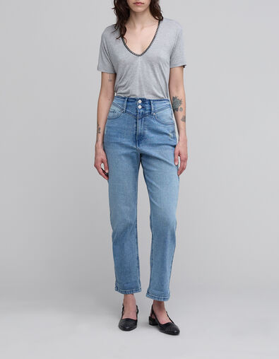 Tee-shirt gris d&eacute;cor cha&icirc;ne &agrave; l'encolure Femme - IKKS