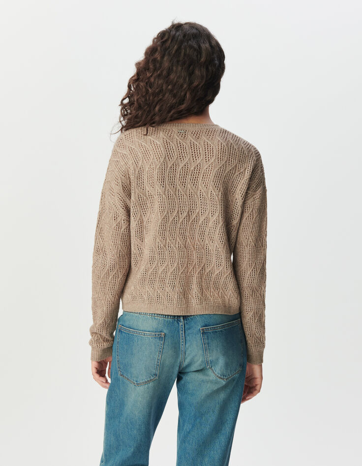 Beiger Damen-Strickpulli Lochmuster-3