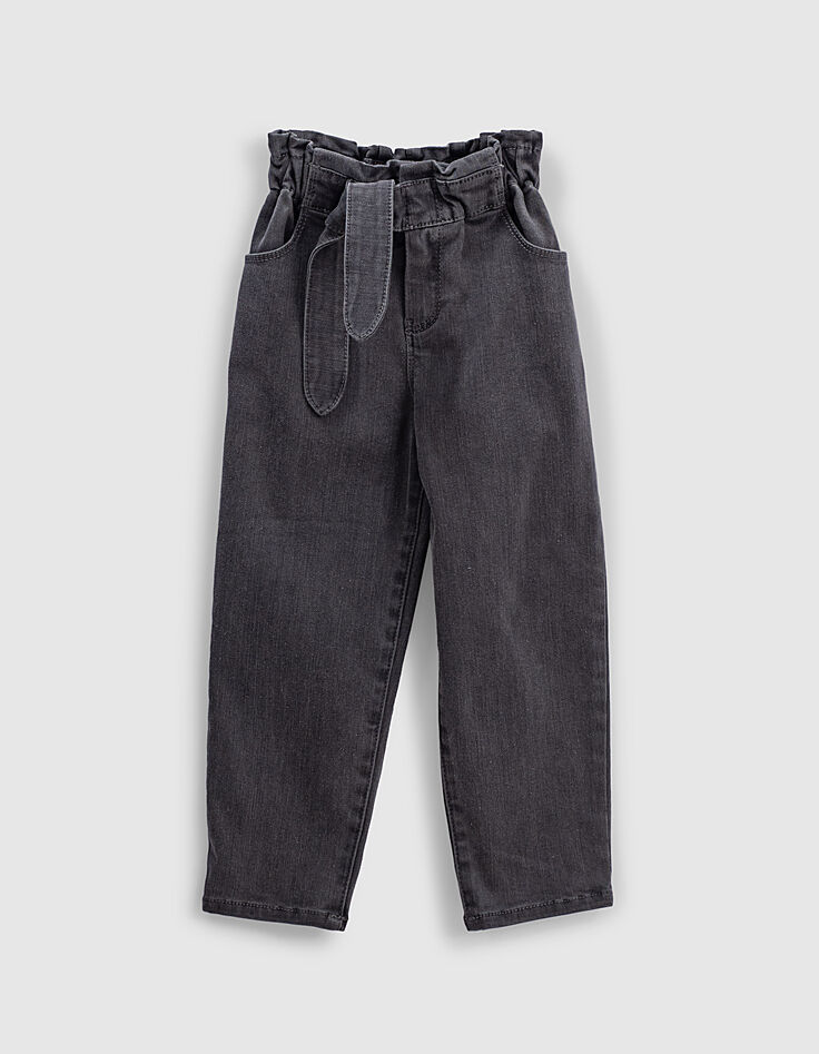 Girls’ back worn-out paper bag jeans with fixed belt-1