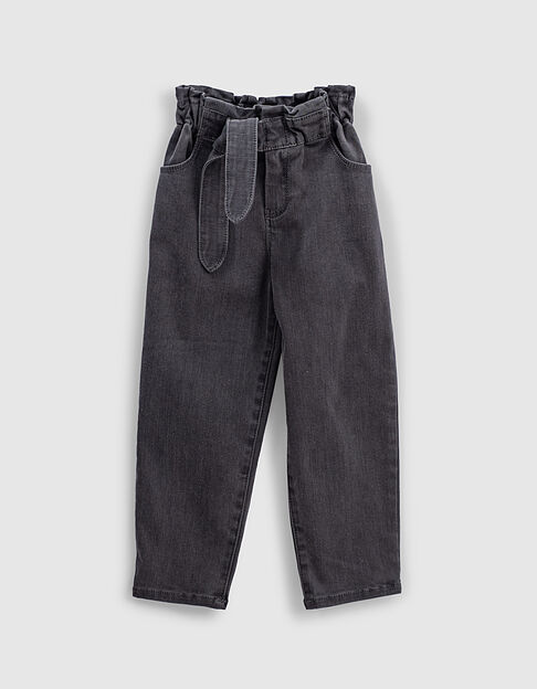 Girls’ back worn-out paper bag jeans with fixed belt