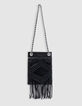 Phone bag noir cuir façon macramé frangé-1