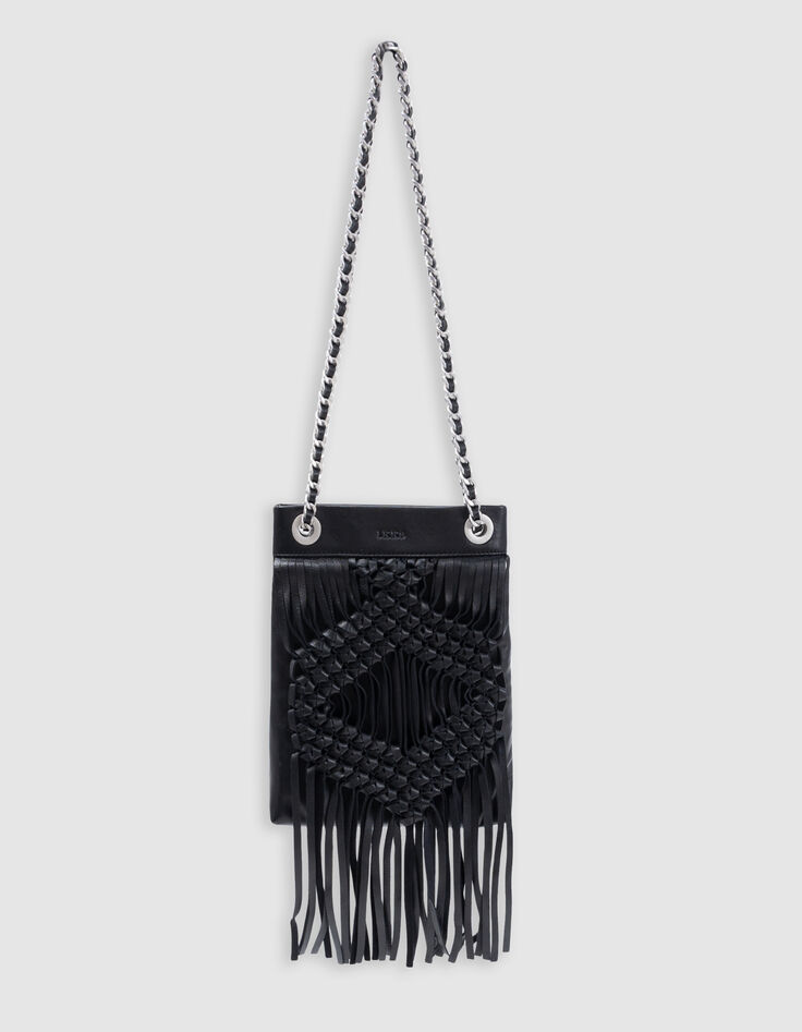 Phone bag noir cuir façon macramé frangé-1