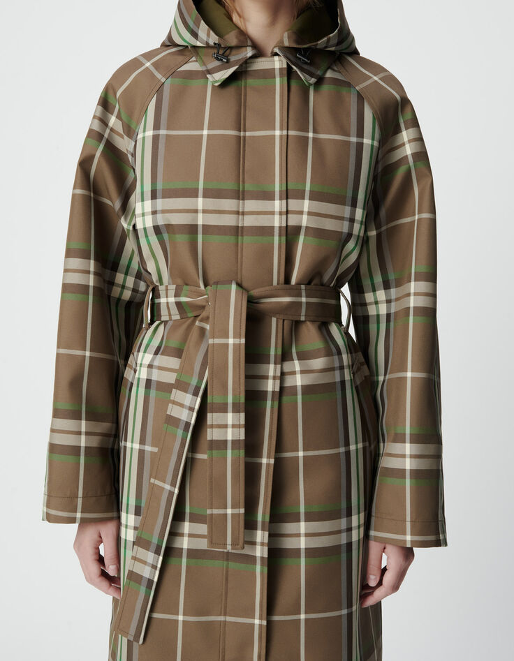 Women&rsquo;s khaki check long trench coat with detachable hood-6