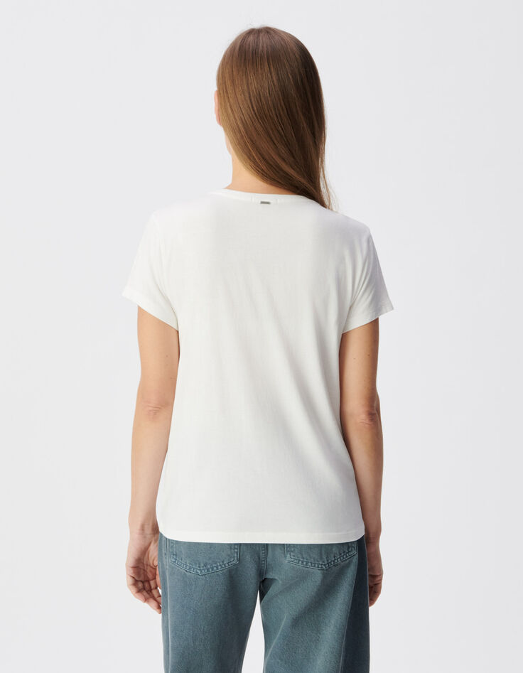 Women's white V-neck tee with embroidered message-3