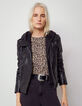 Blouson noir en cuir d'agneau et boutons femme-1