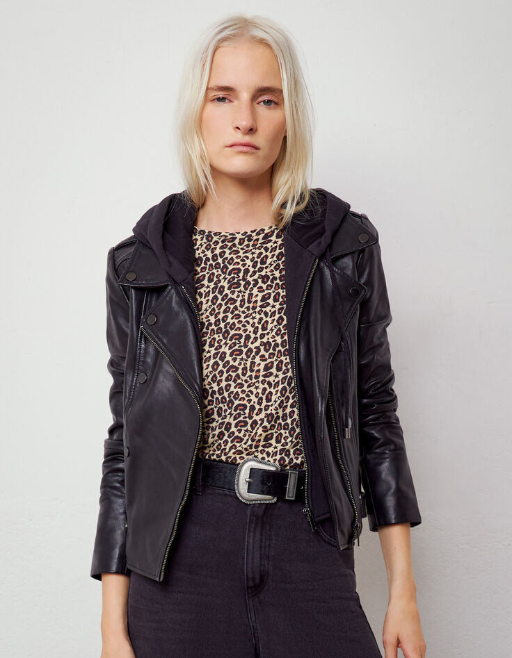 Blouson noir en cuir d'agneau et boutons femme-1