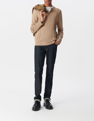 Men&rsquo;s beige organic cotton fine knit button-neck sweater - IKKS