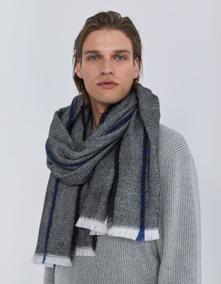 Men&rsquo;s grey scarf with indigo stripe & chevron motif-6