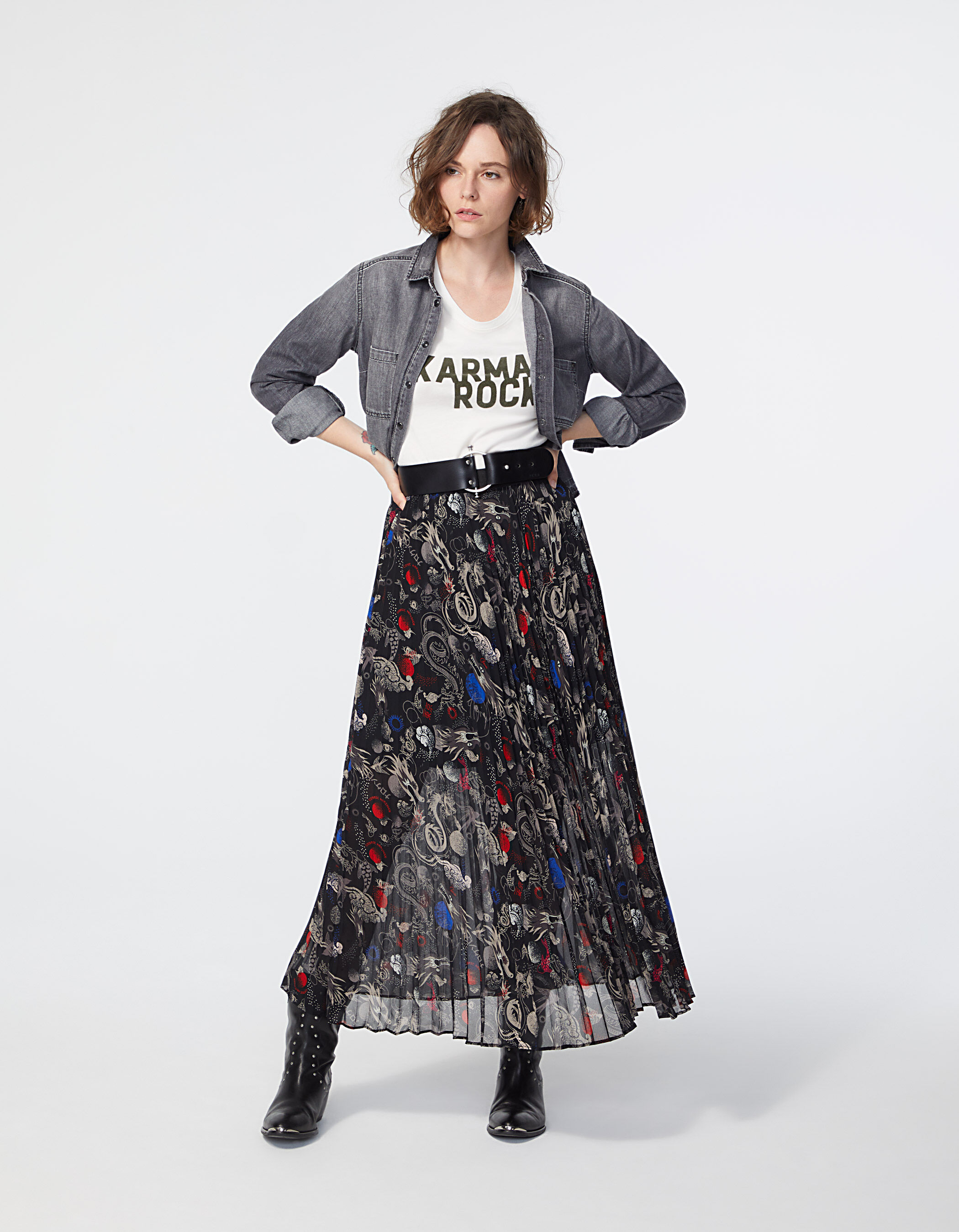 Jupe longue plissee en voile imprime Tokyo femme IKKS