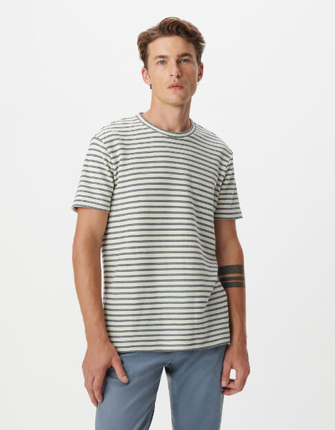 T-shirt &eacute;cru maille gaufr&eacute;e motif rayures Homme - IKKS