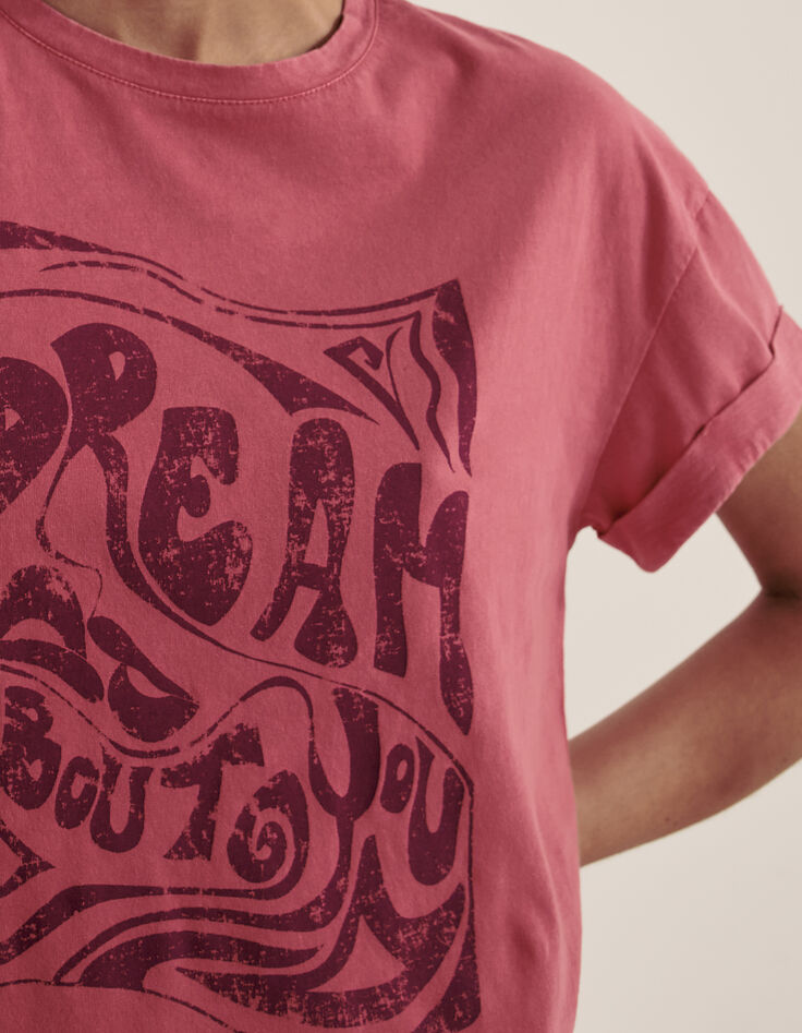 Tee-shirt col rond coton bio rose visuel message femme-4 Tee-shirt col rond coton bio rose visuel message femme-4