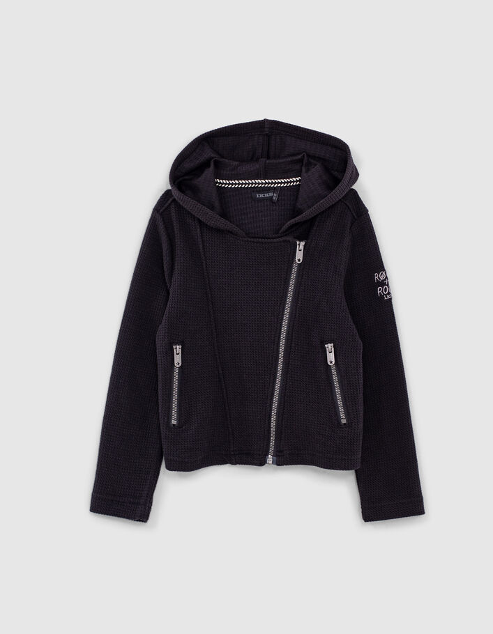 Cardigan noir maille nid d'abeille esprit motard fille -1