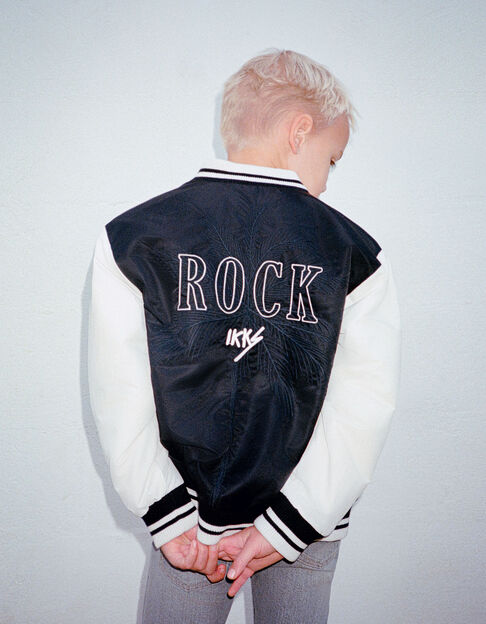 Boys’ black Varsity jacket, ecru sleeves, embroidered back