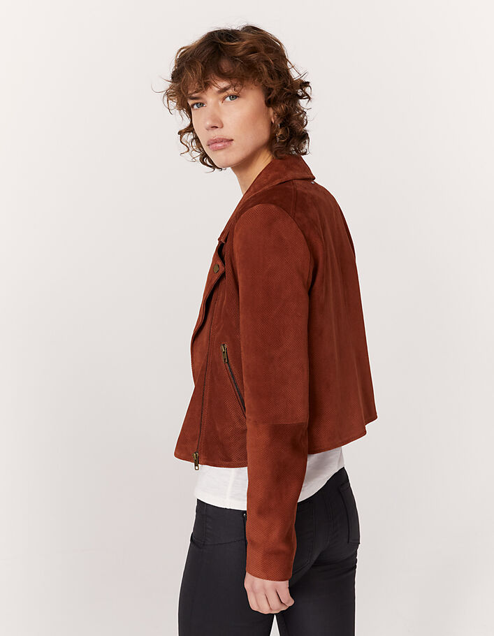 Women’s copper goatskin suede short biker jacket-5