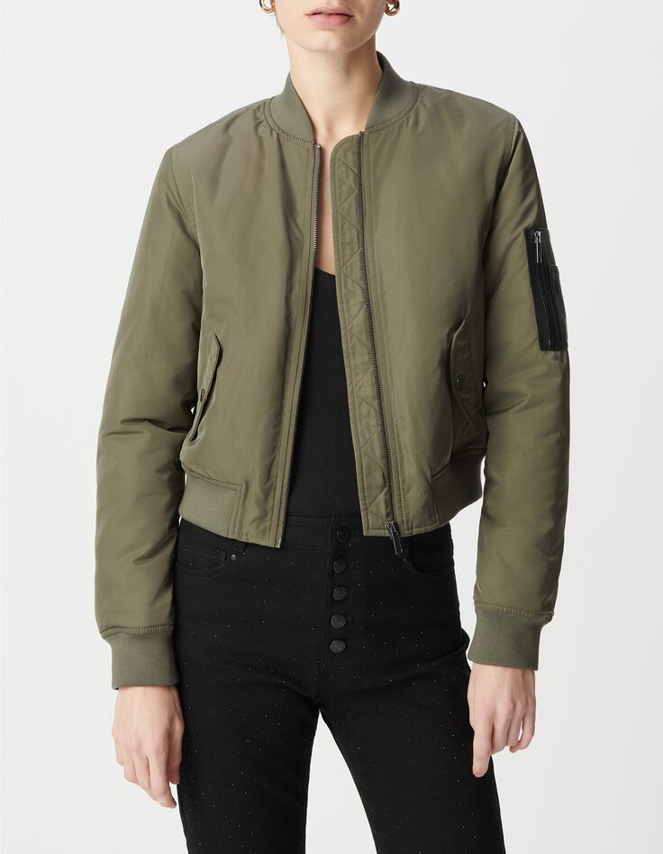 Kurzer khakifarbener Damen-Bomber mit zweiteiliger Rei&szlig;verschlusstasche-7