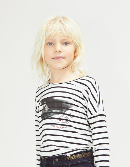 Girls’ ecru striped T-shirt with cap image