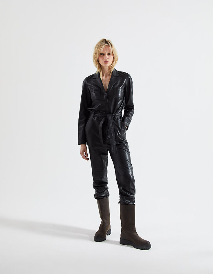 Women&rsquo;s black lambskin leather long jumpsuit-4