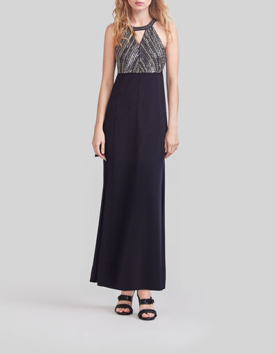 Vestido largo negro plastrón bordado cuentas metal mujer - IKKS