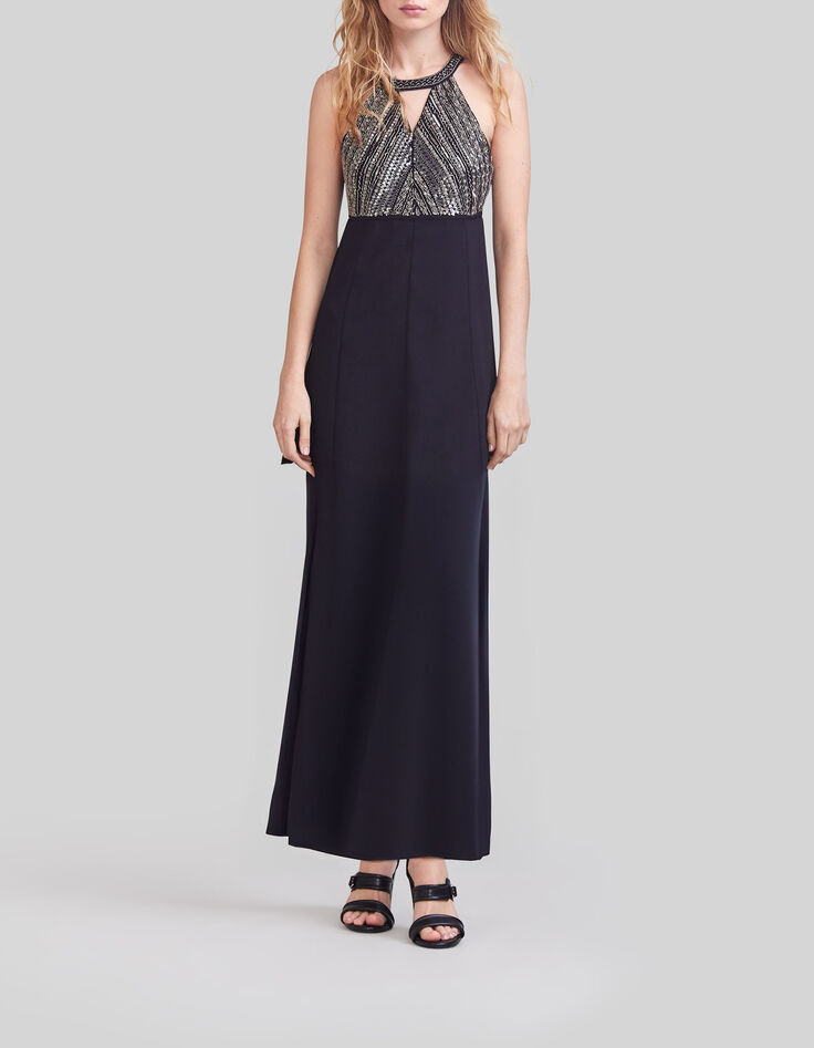 Vestido largo negro plastrón bordado cuentas metal mujer-1
