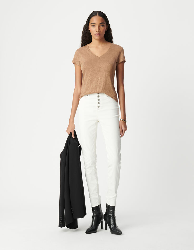 Tee-shirt col V camel en lin foil femme-1