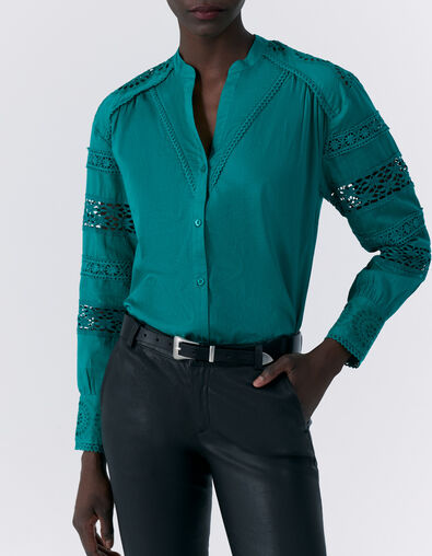 Blouse verte coton bio dentelle aux manches Femme - IKKS