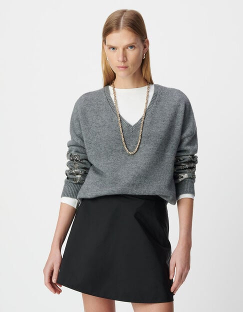 Pull en maille gris chin&eacute; d&eacute;tails bijoux pour femme - IKKS