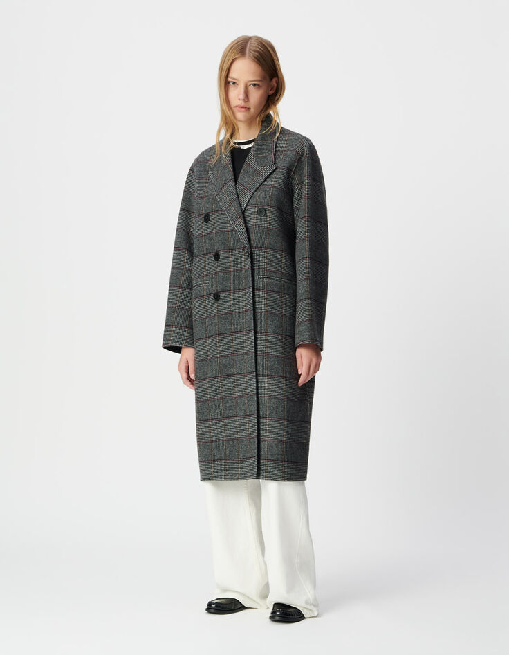 Abrigo largo gris cuadros botonadura cruzada mujer-2