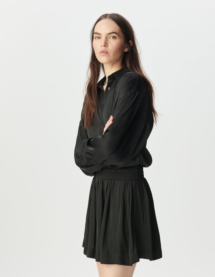 Vestido camisero negro satinado trampantojo mujer-2