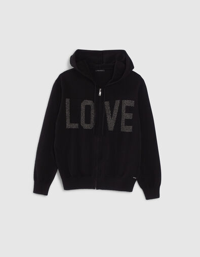 Women’s black knit cardigan, jacquard slogan front & back - IKKS