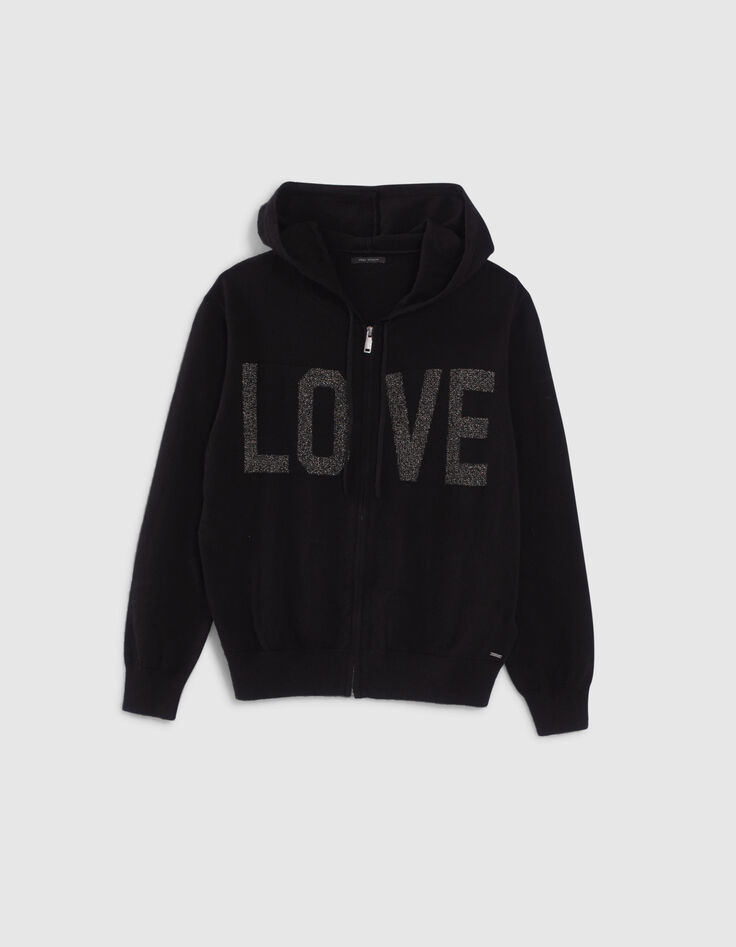 Women’s black knit cardigan, jacquard slogan front & back-1