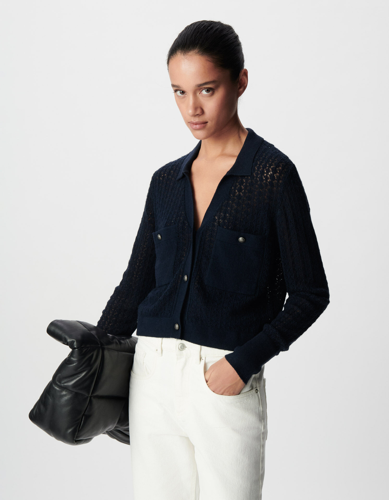 Women's navy openwork knitted short cardigan