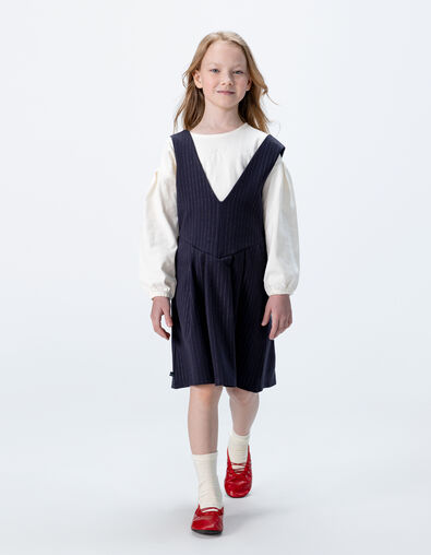 Girls’ 2-in-1 navy pinstripe dress and ecru T-shirt - IKKS