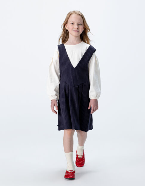 Girls’ 2-in-1 navy pinstripe dress and ecru T-shirt - IKKS