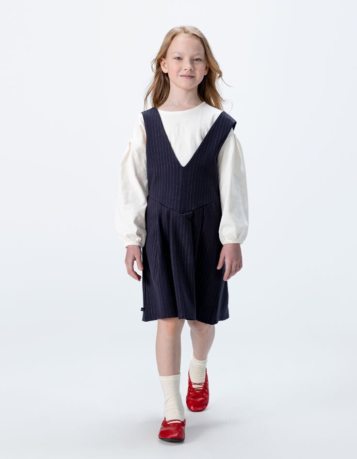 Girls’ 2-in-1 navy pinstripe dress and ecru T-shirt-1 Girls’ 2-in-1 navy pinstripe dress and ecru T-shirt-1