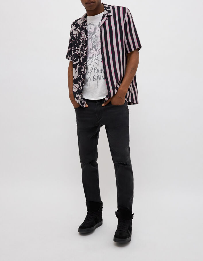 Schwarzes REGULAR-Herrenhemd mit Blumen- und Streifenprint - IKKS