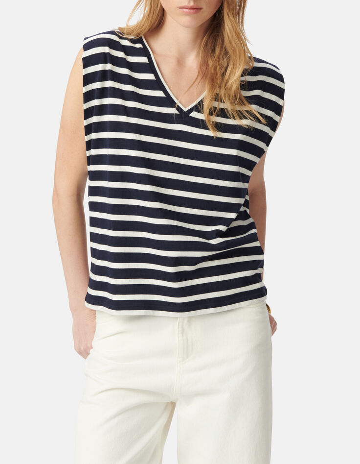 Marine-wit gestreept matrozen t-shirt met schoudervullingen Dames-1