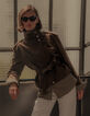 Blouson cuir velours beige &agrave; ceinturer Femme-2
