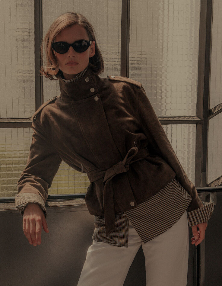 Blouson cuir velours beige &agrave; ceinturer Femme-2