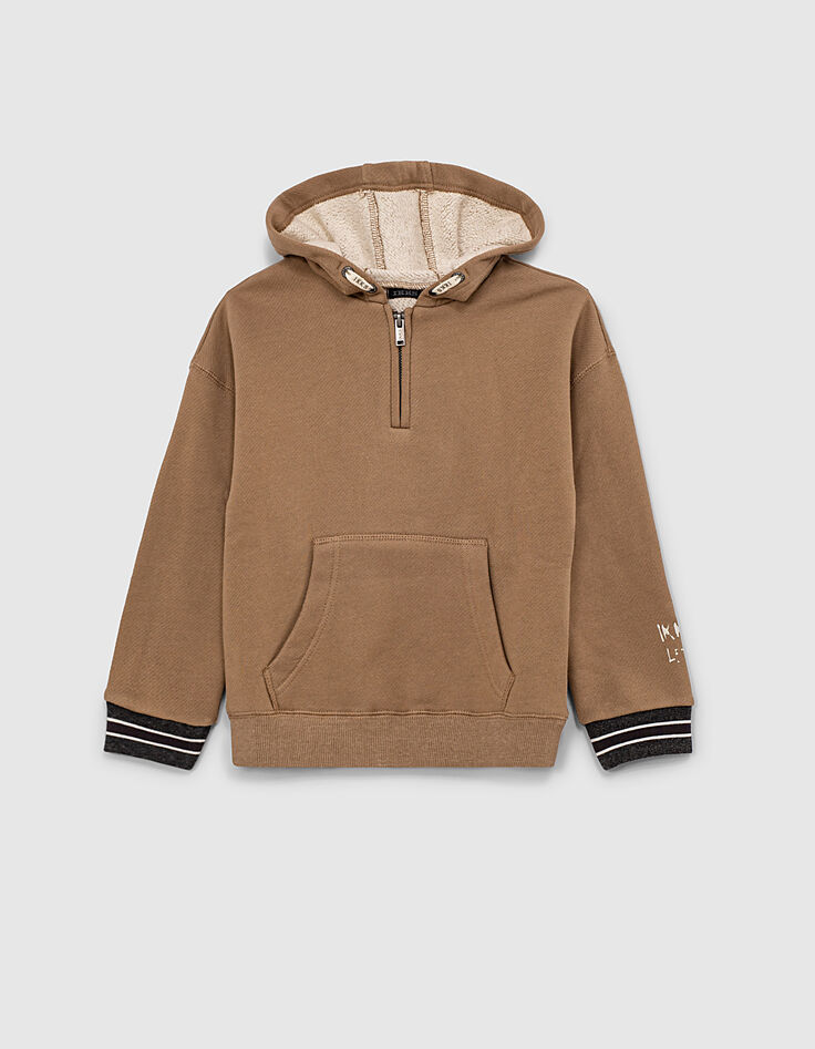 Sudadera color arena capucha y cuello cremallera niño -2